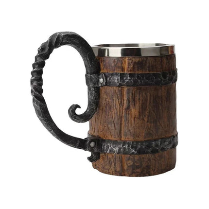 Jarra Taza Nordica Vikinga Barril Medieval Cerveza Café Té Marrón (aspecto Madera) Con Detalles Negro Y Plateado