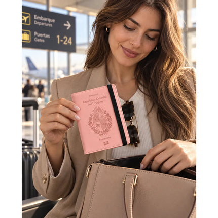 Funda Porta Pasaporte Rfid Organizador De Viaje Logo Uruguay Rosa Liso